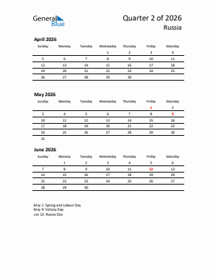 Russia Quarter 2  2026 calendar template