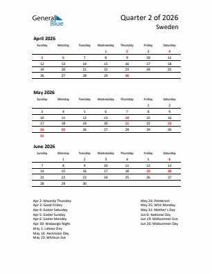 Sweden Quarter 2  2026 calendar template