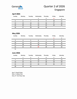 Singapore Quarter 2  2026 calendar template