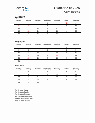 Saint Helena Quarter 2  2026 calendar template