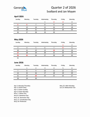 Svalbard and Jan Mayen Quarter 2  2026 calendar template