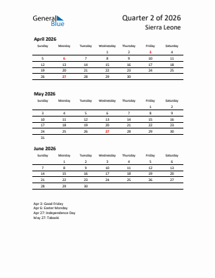 Sierra Leone Quarter 2  2026 calendar template