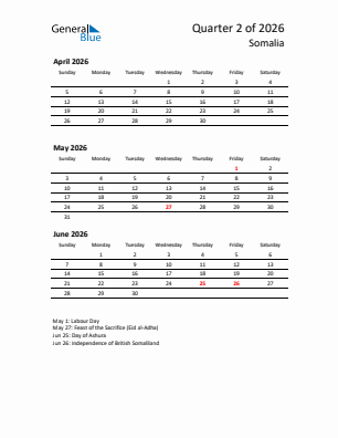 Somalia Quarter 2  2026 calendar template