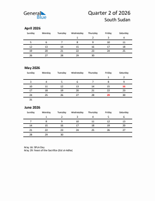 South Sudan Quarter 2  2026 calendar template