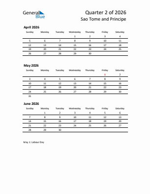 Sao Tome and Principe Quarter 2  2026 calendar template