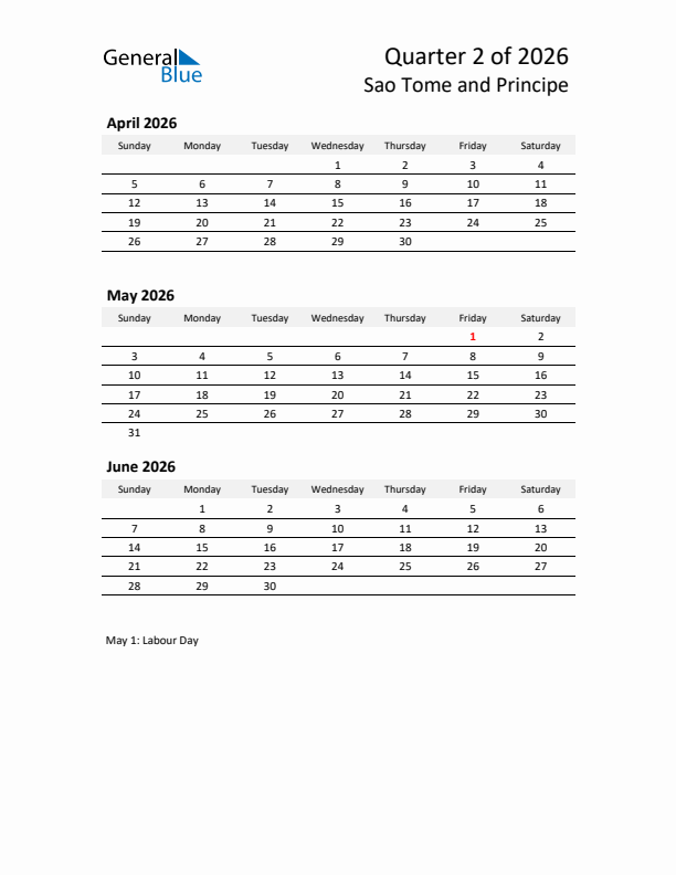 2026 Q2 Three-Month Calendar for Sao Tome and Principe