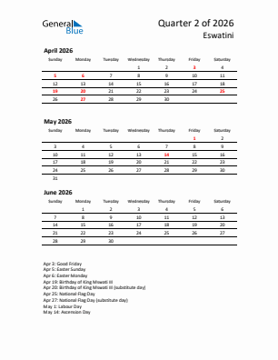 Eswatini Quarter 2  2026 calendar template