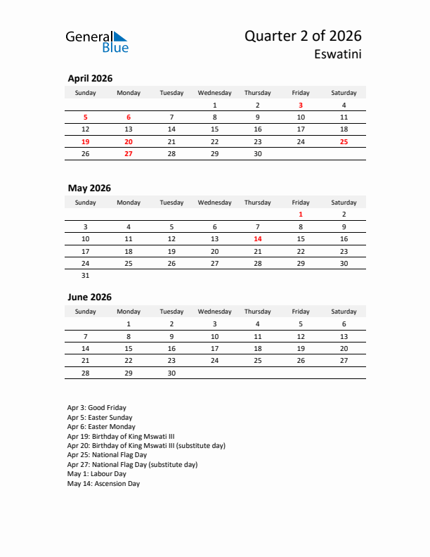 2026 Q2 Three-Month Calendar for Eswatini