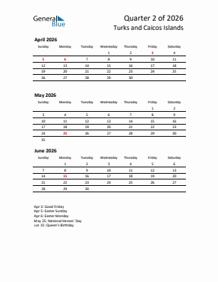 Turks and Caicos Islands Quarter 2  2026 calendar template