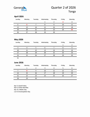 Tonga Quarter 2  2026 calendar template