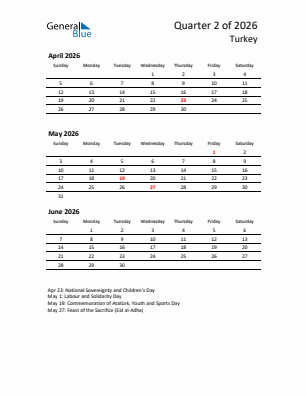 Turkey Quarter 2  2026 calendar template