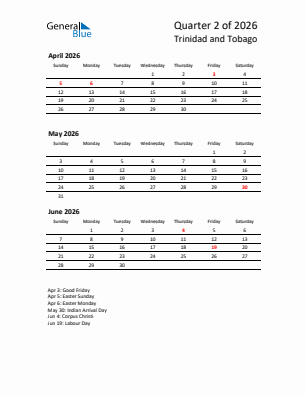 Trinidad and Tobago Quarter 2  2026 calendar template