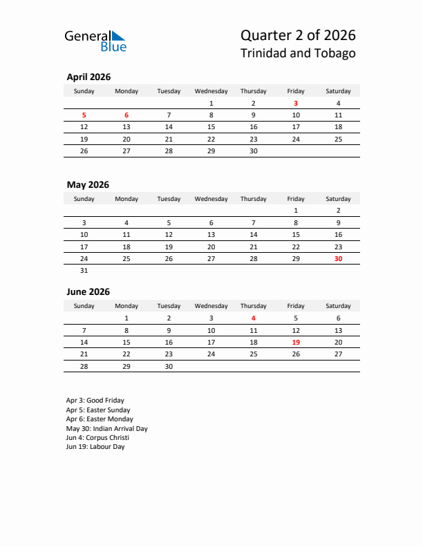 2026 Q2 Three-Month Calendar for Trinidad and Tobago