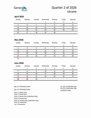 Ukraine Quarter 2  2026 calendar template