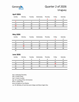 Uruguay Quarter 2  2026 calendar template