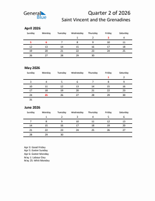 Saint Vincent and the Grenadines Quarter 2  2026 calendar template