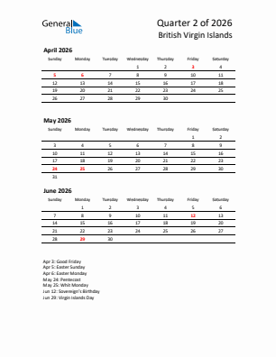 British Virgin Islands Quarter 2  2026 calendar template
