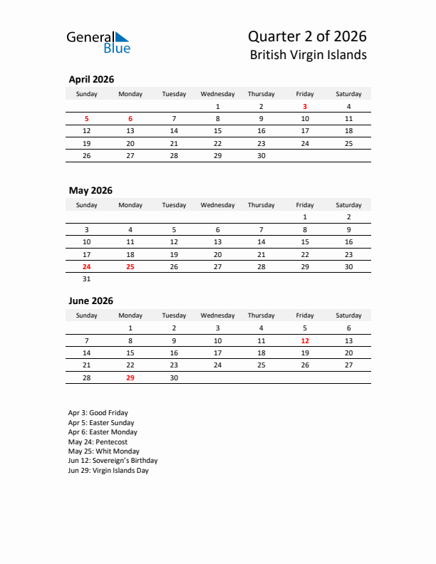 2026 Q2 Three-Month Calendar for British Virgin Islands