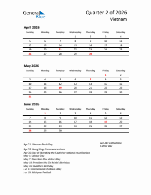 Vietnam Quarter 2  2026 calendar template