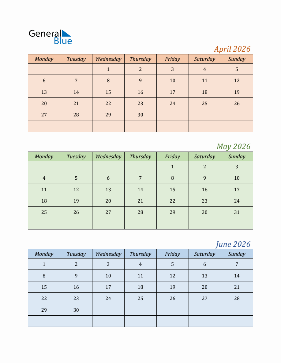 Three-Month Calendar for Year  (April, May, and June) - Monday