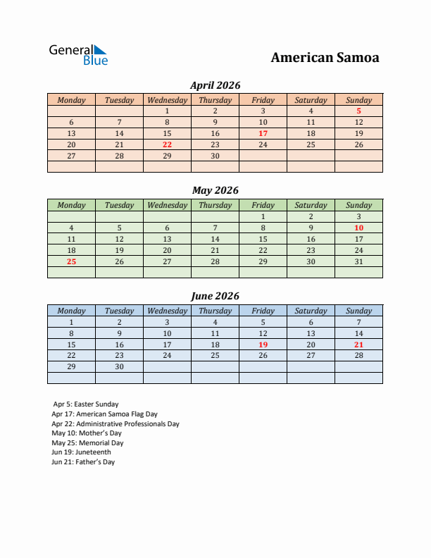 Q2 2026 Holiday Calendar - American Samoa