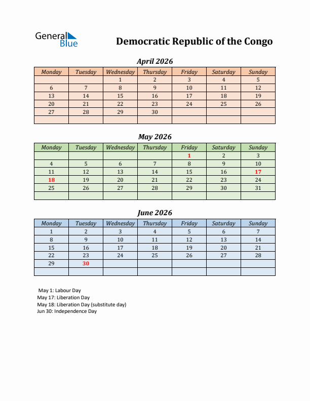 Q2 2026 Holiday Calendar - Democratic Republic of the Congo