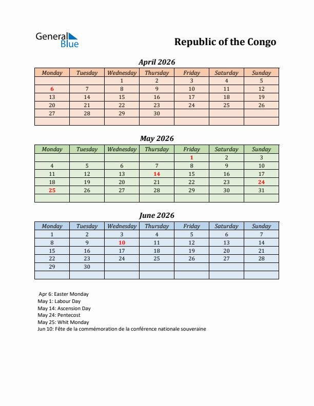 Q2 2026 Holiday Calendar - Republic of the Congo