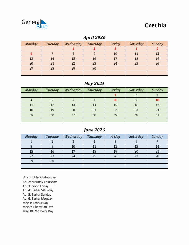 Q2 2026 Holiday Calendar - Czechia
