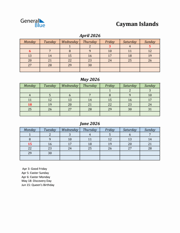 Q2 2026 Holiday Calendar - Cayman Islands