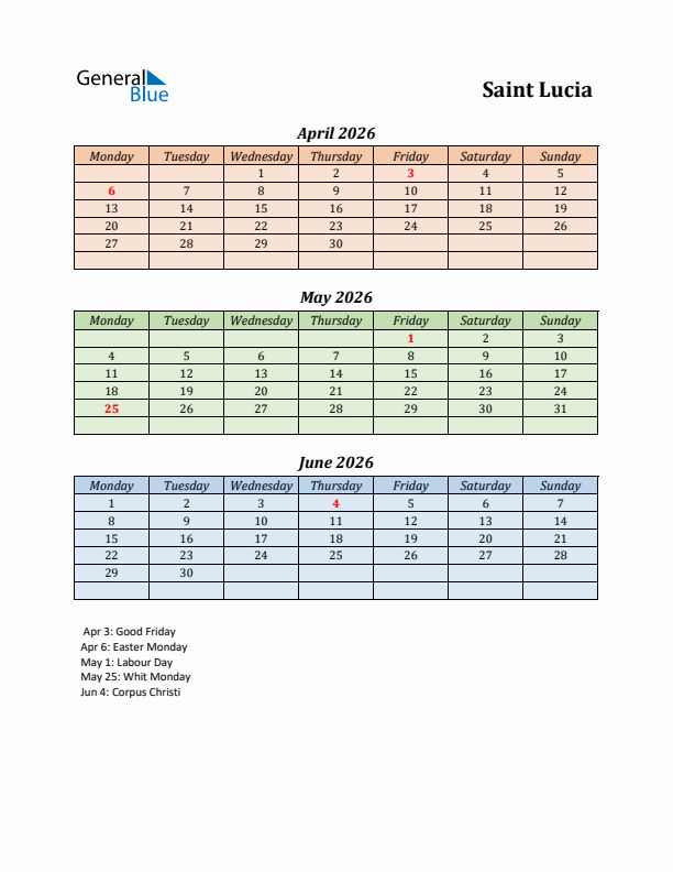 Q2 2026 Holiday Calendar - Saint Lucia