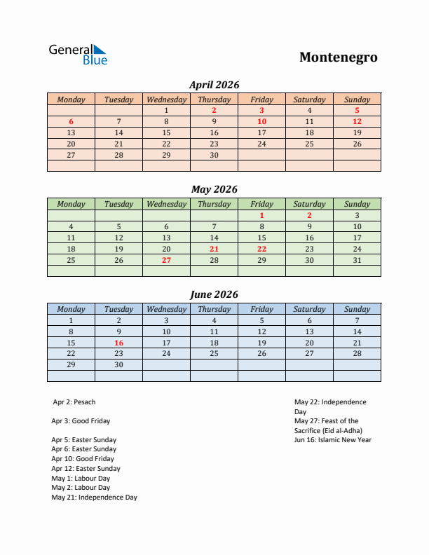 Q2 2026 Holiday Calendar - Montenegro