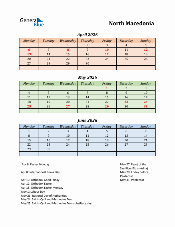 Q2 2026 Holiday Calendar - North Macedonia