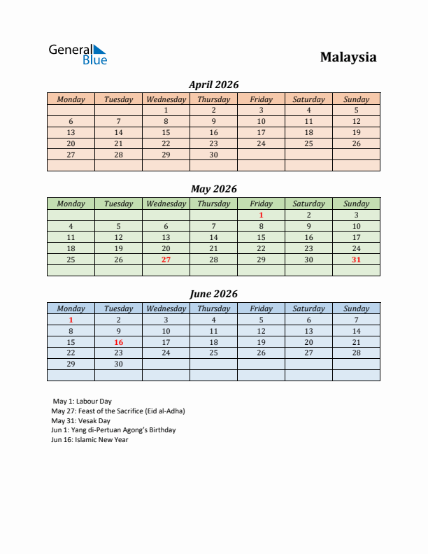 Q2 2026 Holiday Calendar - Malaysia