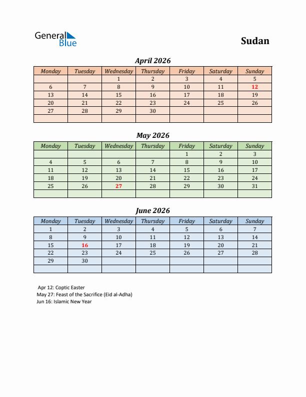 Q2 2026 Holiday Calendar - Sudan