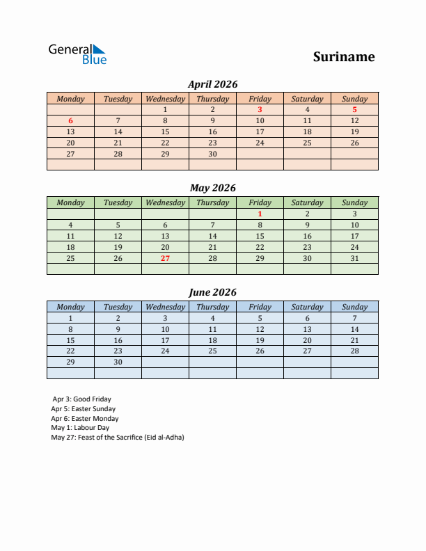Q2 2026 Holiday Calendar - Suriname