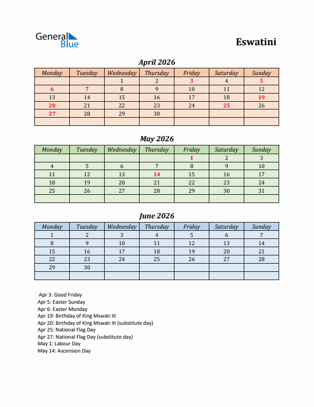Q2 2026 Holiday Calendar - Eswatini