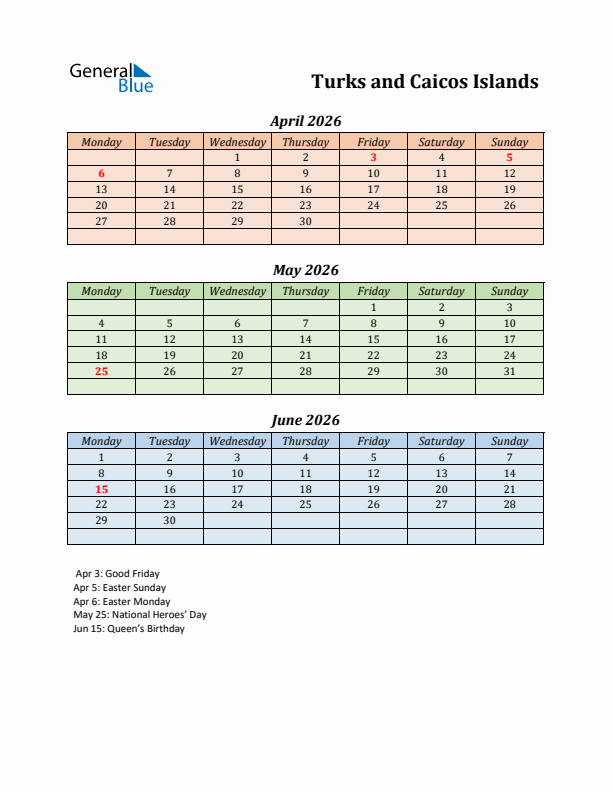 Q2 2026 Holiday Calendar - Turks and Caicos Islands