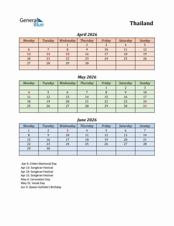 Q2 2026 Holiday Calendar - Thailand