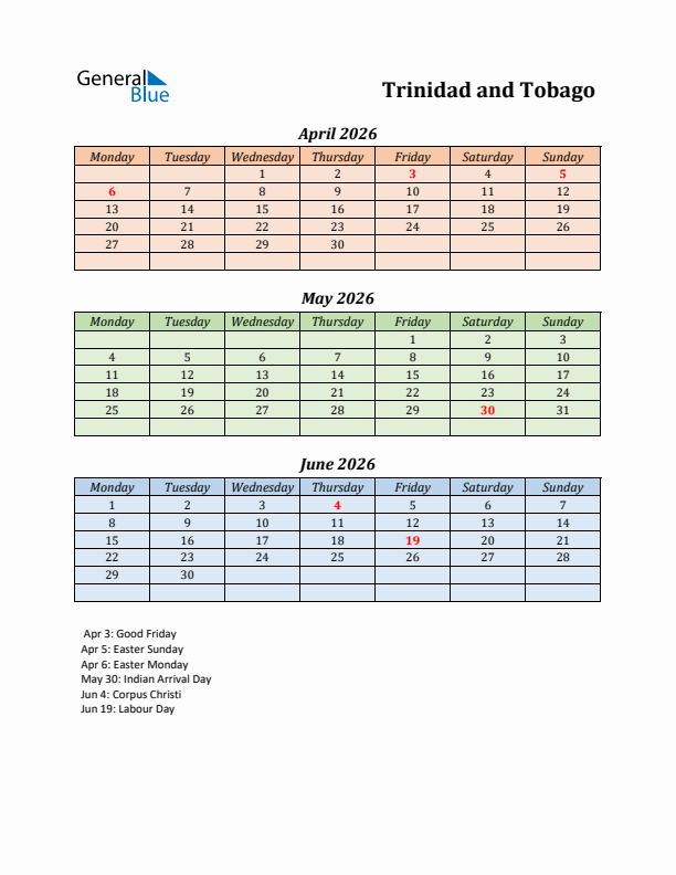Q2 2026 Holiday Calendar - Trinidad and Tobago