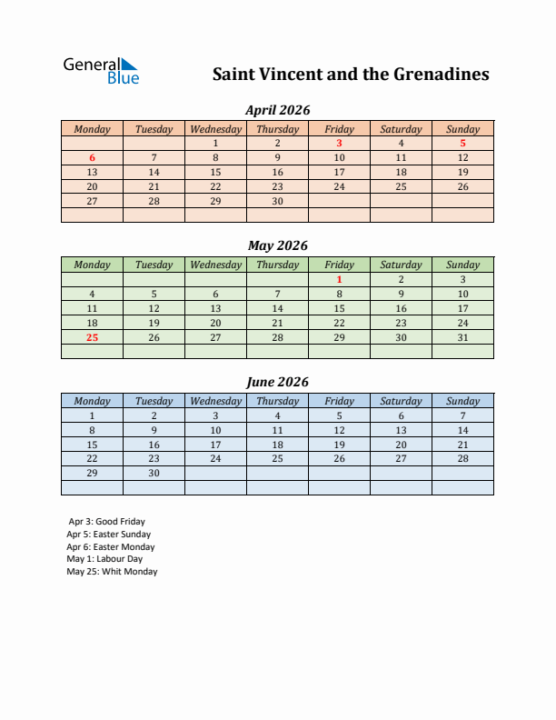Q2 2026 Holiday Calendar - Saint Vincent and the Grenadines