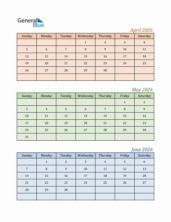 Quarter 2 2026 calendar template
