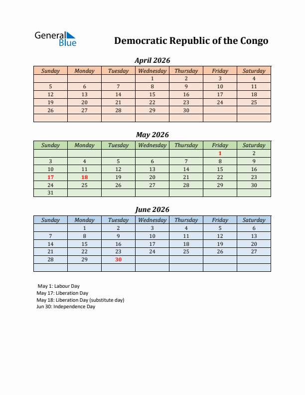 Q2 2026 Holiday Calendar - Democratic Republic of the Congo