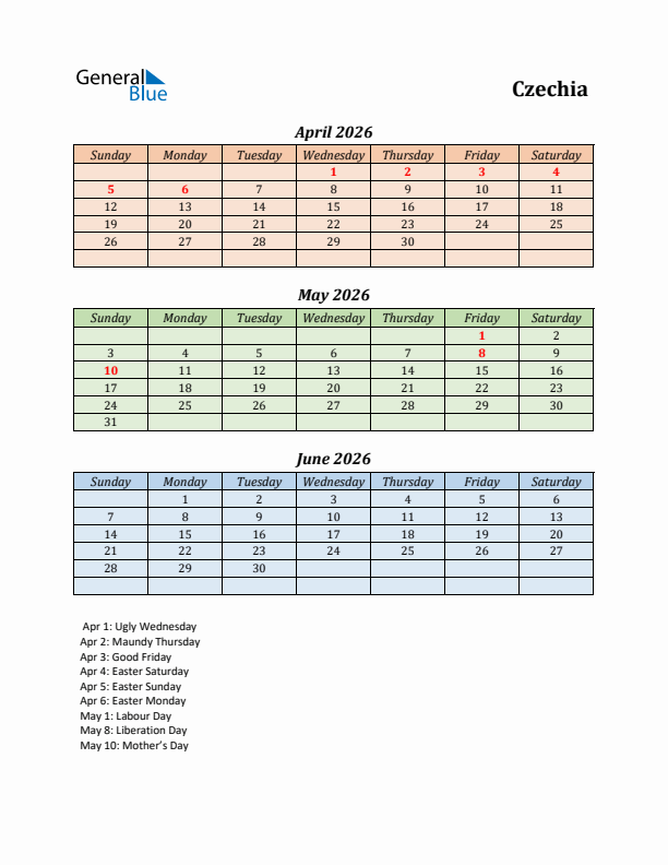 Q2 2026 Holiday Calendar - Czechia