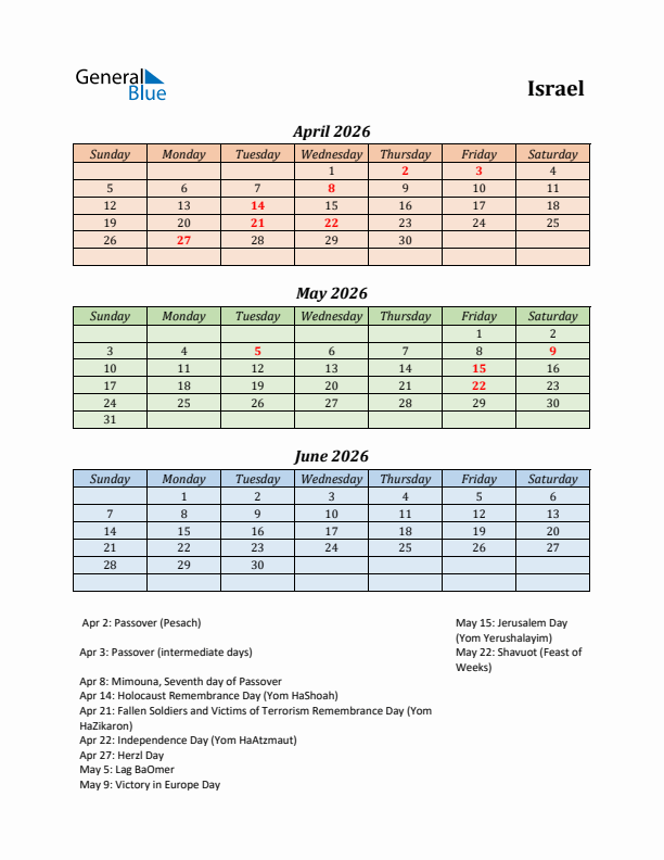 Q2 2026 Holiday Calendar - Israel