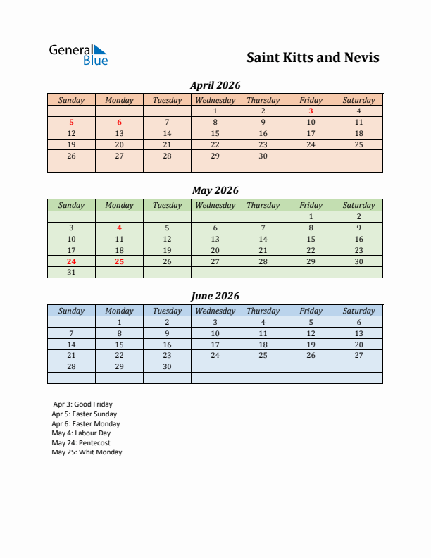 Q2 2026 Holiday Calendar - Saint Kitts and Nevis