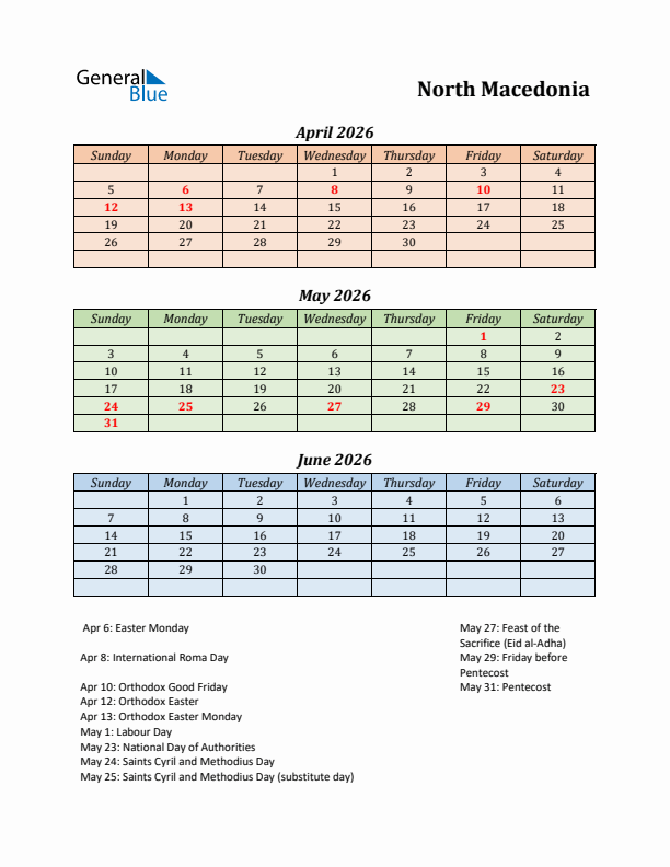 Q2 2026 Holiday Calendar - North Macedonia