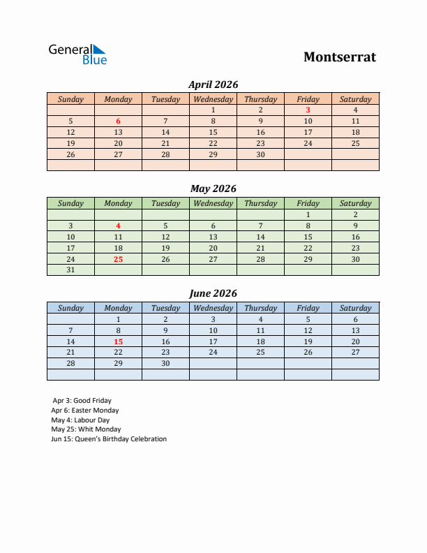 Q2 2026 Holiday Calendar - Montserrat