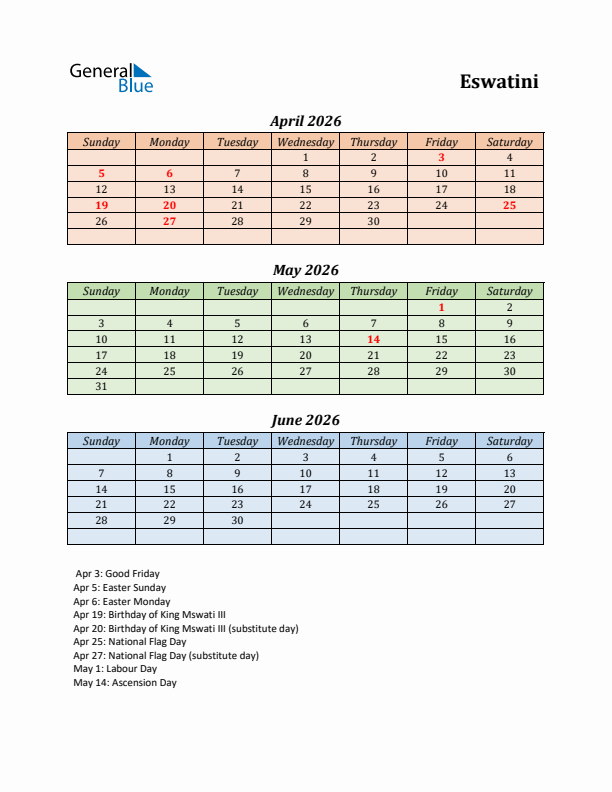 Q2 2026 Holiday Calendar - Eswatini