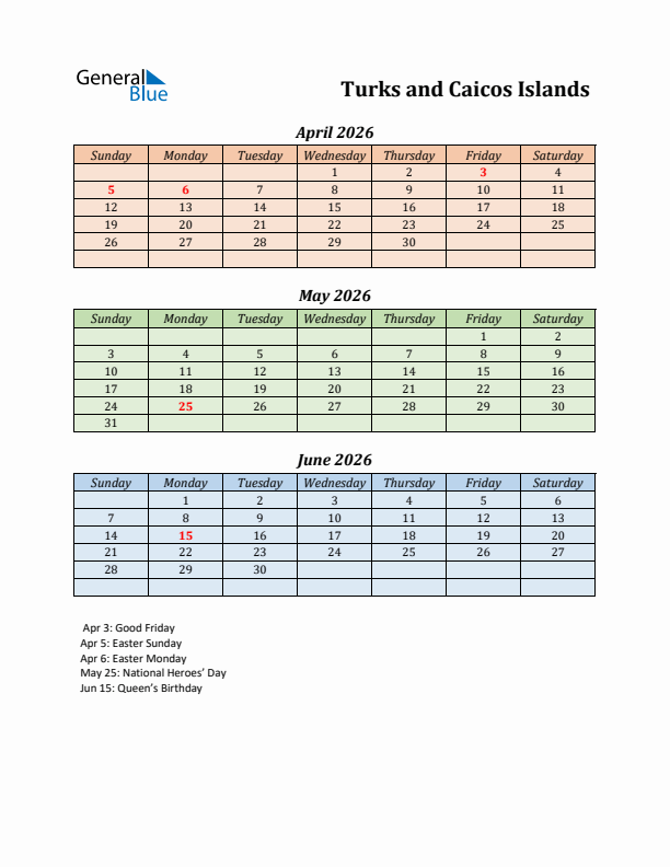 Q2 2026 Holiday Calendar - Turks and Caicos Islands