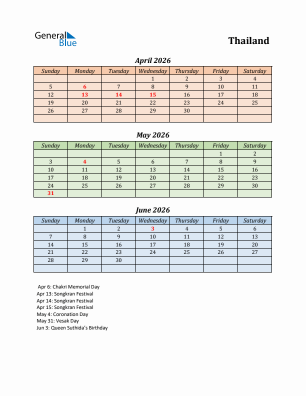 Q2 2026 Holiday Calendar - Thailand